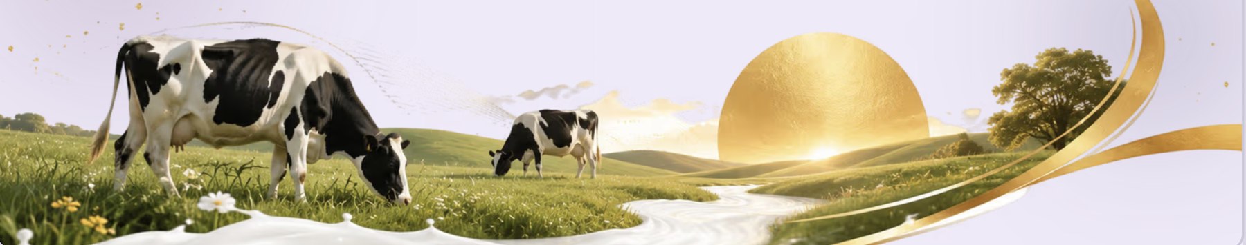 Dairy cows grazing in a sunlit pasture with a stream of milk running through it